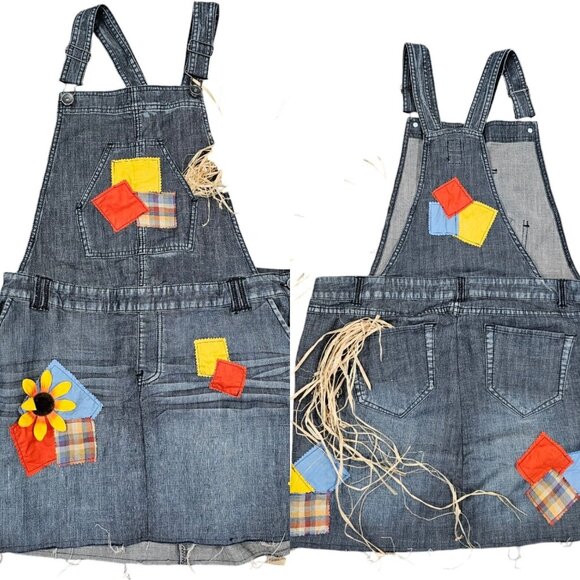 Womens Juniors XL Sexy‎ Scarecrow Denim Dress Overalls Jumper Bibs Patches - Picture 1 of 11